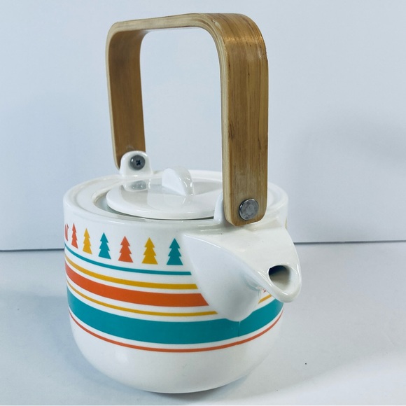 David’s Tea Cute Trees Foxes Wood Handle Ceramic Pastel Striped Teapot No Cup - Picture 3 of 8